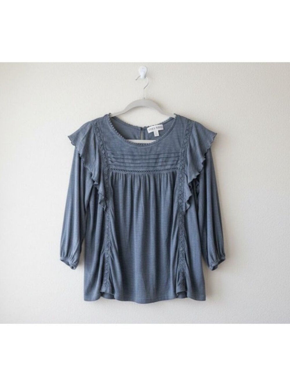 Knox Rose Women's Large Blue Boho Ruffle Peasant Blouse 3/4 Sleeve Top